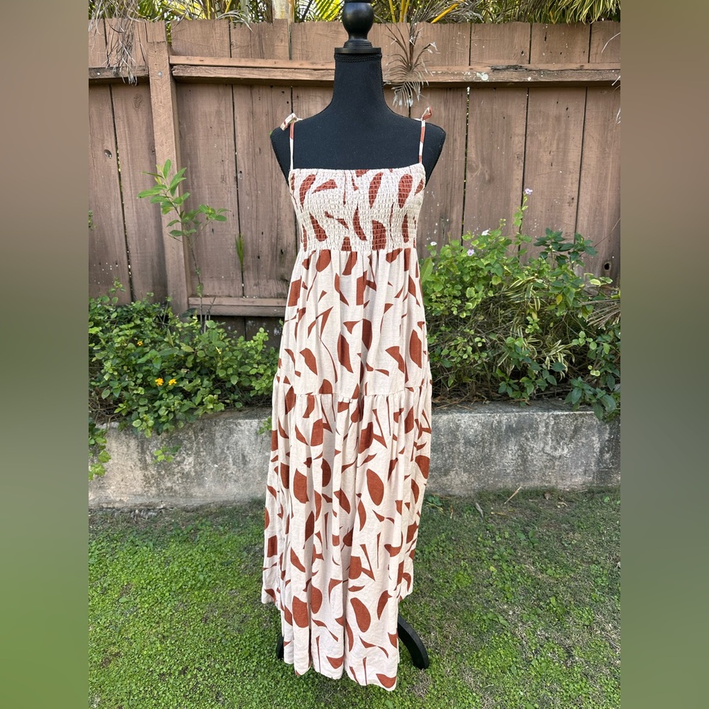 Astr Brown and Cream Smocked Midi Dress